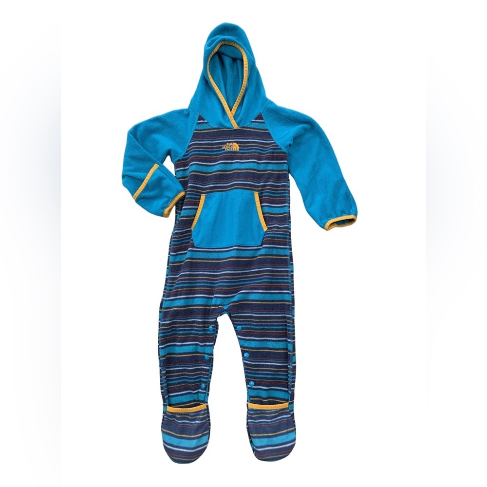 The North Face Size 18-24 Months Glacier Fleece Bunting in Teal Yellow Stripes